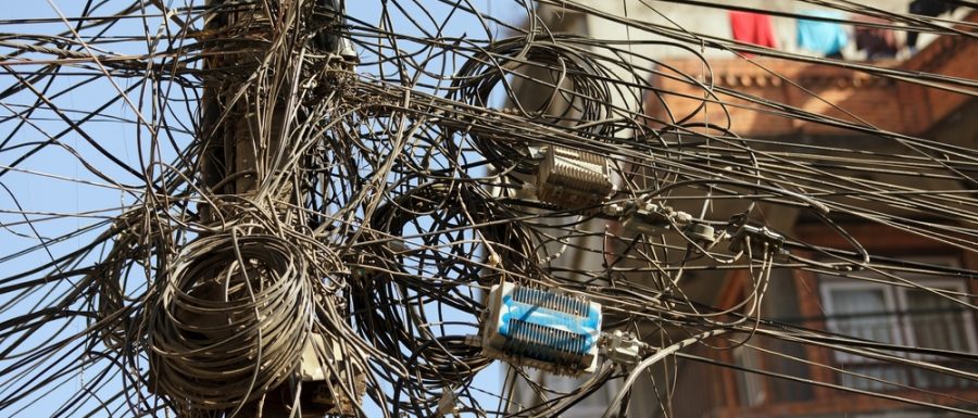 very messy electric cables in asian city, kathmandu,nepal