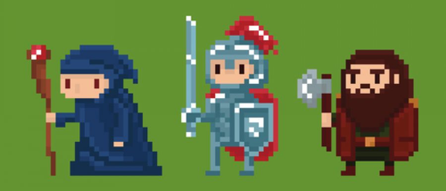 Pixel art style illustration wizard, knight and dwarf isolated on green